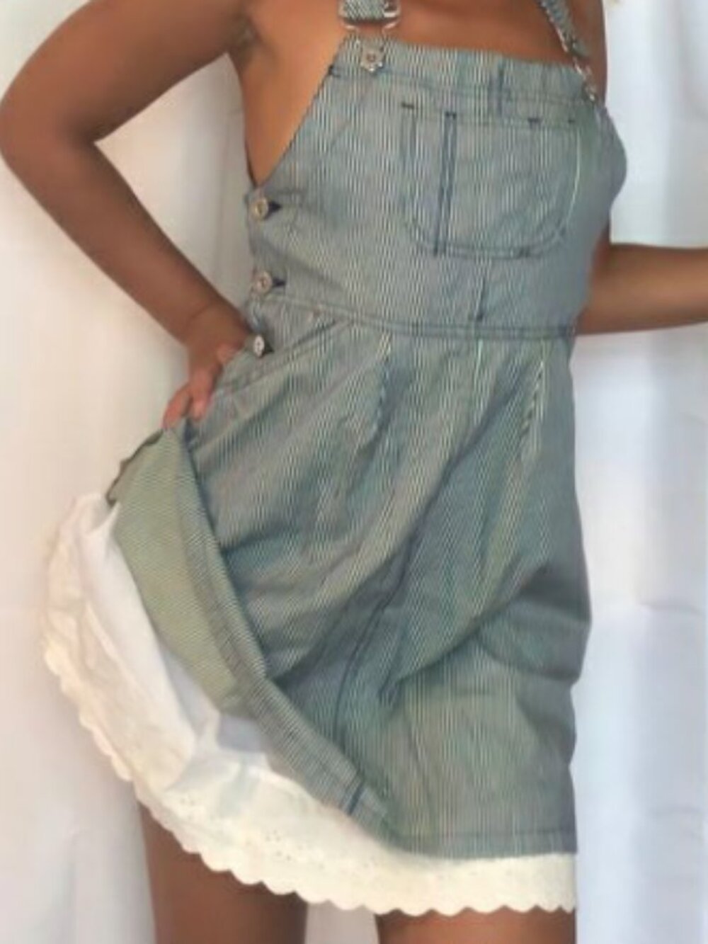 Man Repeller overall mini dress with eyelet bottom size Medium
